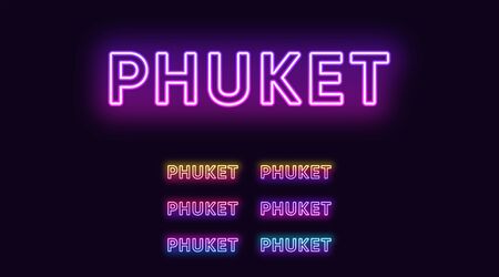Neon Phuket name, resort City in Thailand. Neon text of Phuket Island. Vector set of glowing Headlines with transparent back light. Bright Gradient colorsのイラスト素材