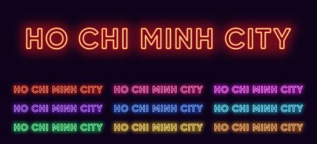 Neon Ho Chi Minh name, City in Vietnam. Neon text of Ho Chi Minh city. Vector set of glowing Headlines with transparent backlight. Red pink purple, violet blue azure, green yellow orange colorsのイラスト素材