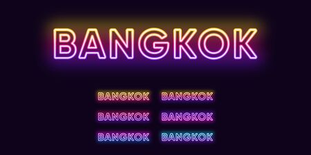 Neon Bangkok name, capital City in Thailand. Neon text of Bangkok city. Vector set of glowing Headlines with transparent backlight. Bright Gradient colorsのイラスト素材