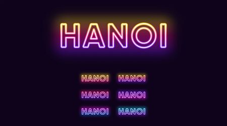 Neon Hanoi name, Capital City in Vietnam. Neon text of Hanoi city. Vector set of glowing Headlines with transparent back light. Bright Gradient colorsのイラスト素材