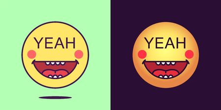Emoji face icon with phrase Yeah. Emoticon with text Yeah. Set of cartoon faces, emotion icon for social media communication, funny sticker and good sign for print. Vector illustrationのイラスト素材