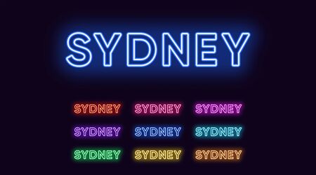 Neon Sydney name, city in Australia. Neon text of Sydney city. Vector set of glowing headlines with transparent back light. Red pink purple, violet blue azure, green yellow orange colorsのイラスト素材