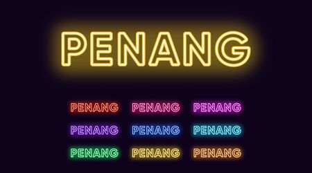 Neon Penang name, Island in Malaysia. Neon text of Penang Island. Vector set of glowing Headlines with transparent back light. Red pink purple, violet blue azure, green yellow orange colorsのイラスト素材