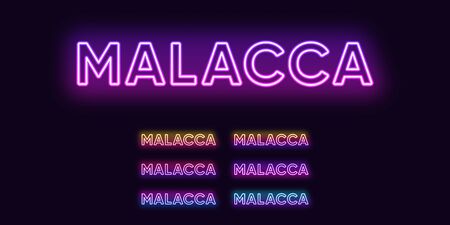 Neon Malacca name, City in Malaysia. Neon text of Malacca city. Vector set of glowing Headlines with transparent back light. Bright Gradient colorsのイラスト素材