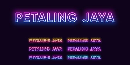 Neon Petaling Jaya name, City in Malaysia. Neon text of Petaling Jaya city. Vector set of glowing Headlines with transparent back light. Bright Gradient colorsのイラスト素材