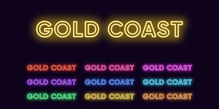Neon Gold Coast name, city in Australia. Neon text of Gold Coast city. Vector set of glowing headlines with transparent back light. Red pink purple, violet blue azure, green yellow orange colorsのイラスト素材