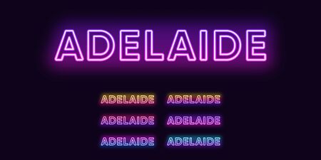 Neon Adelaide name, city in Australia. Neon text of Adelaide city. Vector set of glowing headlines with transparent back light. Bright gradient colorsのイラスト素材
