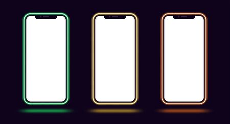 Phone mockup with neon border, green yellow orange color. Modern set of phone templates with creative neon frame. Mobile screen mock up, copy space for UI interface design. Vector illustrationのイラスト素材