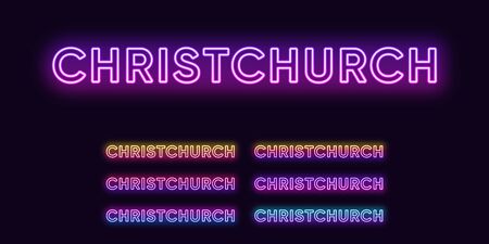 Neon Christchurch name, city in New Zealand. Neon text of Christchurch city. Vector set of glowing headlines with transparent backlight. Bright gradient colorsのイラスト素材