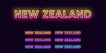 Neon New Zealand name, country in Oceania. Neon text of New Zealand. Vector set of glowing headlines with transparent backlight. Bright gradient colorsのイラスト素材