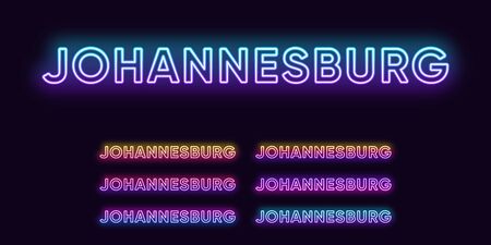 Neon Johannesburg name, City in South Africa. Neon text of Johannesburg city. Vector set of glowing Headlines with transparent backlight. Bright Gradient colorsのイラスト素材