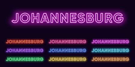 Neon Johannesburg name, City in South Africa. Neon text of Johannesburg city. Vector set of glowing Headlines with transparent backlight. Red pink purple, violet blue azure, green yellow orange colorsのイラスト素材