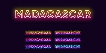 Neon Madagascar name, African island Country. Neon text of Madagascar. Vector set of glowing Headlines with transparent backlight. Bright Gradient colorsのイラスト素材