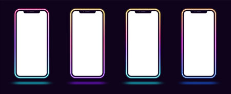 Phone mockup with gradient neon border. Modern set of cellphone templates with creative colorful...