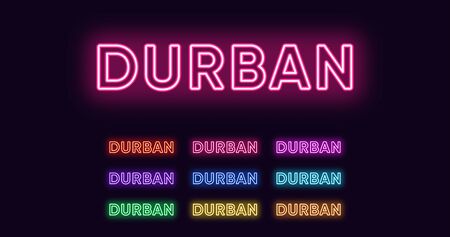 Neon Durban name, City in South Africa. Neon text of Durban city. Vector set of glowing Headlines with transparent backlight. Red pink purple, violet blue azure, green yellow orange colorsのイラスト素材