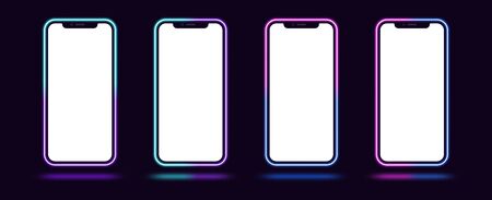 Phone mockup with gradient neon border. Modern set of phone templates with creative duotone neon frame. Mobile screen mock up, copy space for UI interface design. Vector illustrationのイラスト素材