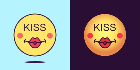 Emoji face icon with phrase Kiss. Sexy emoticon with lips and text Kiss. Set of cartoon faces, emotion icon for social media communication, enamored sticker and sign for print. Vector illustrationのイラスト素材
