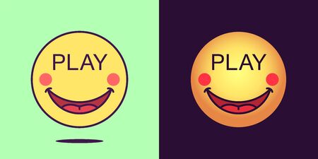 Emoji face icon with phrase Play. Gaming emoticon with text Play. Set of cartoon faces, emotion icon for social media communication, gamer sticker and sign for print. Vector illustrationのイラスト素材