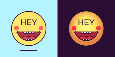 Emoji face icon with phrase Hey. Cheerful emoticon with text Hey. Set of cartoon faces, emotion icon for social media communication, greeting sticker and sign for print. Vector illustrationのイラスト素材