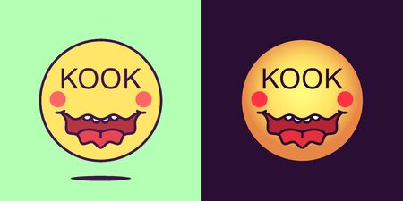 Emoji face icon with phrase Kook. Mad emoticon with text Kook. Set of cartoon faces, emotion icon for social media communication, crazy sticker and sign for print. Vector illustrationのイラスト素材