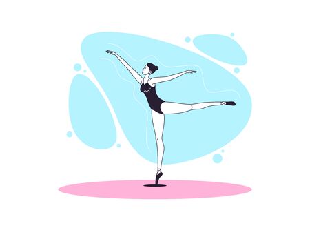 Graceful ballerina woman in outline minimalist style. Ballet dancer stands on one leg, casts away second leg back, hands aside. Ballet posture and posing, dance performance. Vector illustrationのイラスト素材
