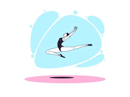 Graceful ballerina woman in outline minimalist style. Ballet dancer jumps and flies in the air with bent and outstretched leg. Ballet posture and posing, dance performance. Vector illustrationのイラスト素材