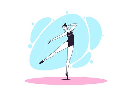 Graceful ballerina woman in outline minimalist style. Ballet dancer stands on one leg, outstretched leg and arm aside. Ballet posture and posing, dance performance. Vector illustrationのイラスト素材