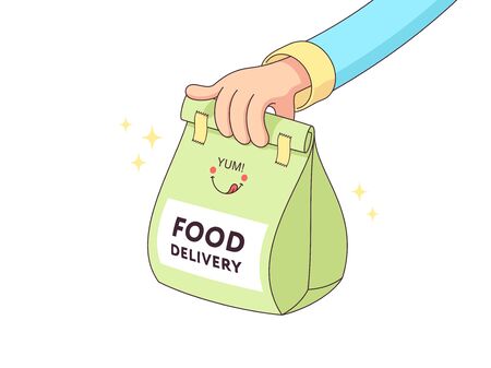 Online food delivery. Courier delivers paper package with foodstuff. Fast delivery service. Human cartoon hand conveys packet with products. Vector illustration, isometric conceptのイラスト素材