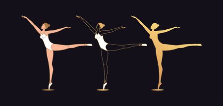 Golden ballerina woman in outline style. Set of silhouette, Ballet dancer stands on one leg, casts away second leg back, hands aside. Ballet posture and posing, dance performance. Vector illustrationのイラスト素材