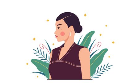 Asian fashion woman, minimalist style. Eastern lady among tropical plants, herbs, leaves. Stylish woman character, lady, model, girl. Minimalist summer composition. Glamour vector illustrationのイラスト素材