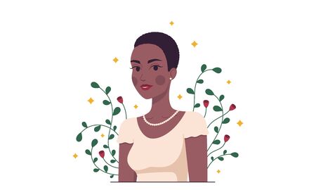 African fashion woman, minimalist style. Cartoon lady with dark skin and short hairstyle in the garden. Stylish woman character, lady, model, girl. Minimalist summer composition. Vector illustrationのイラスト素材