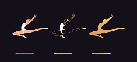 Golden ballerina woman in outline style. Set of silhouette, Ballet dancer jumps and flies in the air with bent and outstretched leg. Ballet posture, posing, dance performance. Vector illustrationのイラスト素材