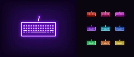 Neon keyboard icon. Glowing neon keyboard sign, set of isolated gaming device in different vivid colors. Bright icon, sign, symbol for UI design. Gadget for computer games. Vector illustrationのイラスト素材