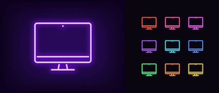 Neon monitor icon. Glowing neon computer sign, set of isolated display device in different vivid colors. Bright icon, sign, symbol for UI design. Desktop device and gadget. Vector illustrationのイラスト素材