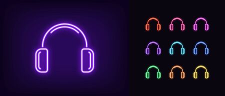 Neon headphones icon. Glowing neon earphone sign, set of isolated wireless headphones in different vivid colors. Bright icon, sign, symbol for UI design. Mobile device and gadget. Vector illustrationのイラスト素材