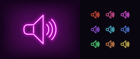 Neon speaker icon. Glowing neon sound sign, set of isolated megaphone symbol in vivid colors. Bright icon, sign, symbol for UI design. Audio device and acoustic wave. Vector illustrationのイラスト素材