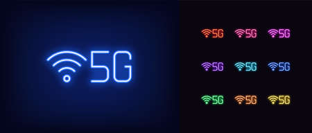 Neon 5G network icon. Neon 5g technology sign, set of isolated symbol for high speed internet in vivid colors. Fast internet 5 generation. Glowing icon, sign, symbol for UI design. Vector illustrationのイラスト素材
