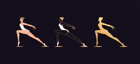 Golden ballerina woman in outline style. Ballet dancer, set of gold silhouette. Ballet posture and posing, dance performance. Vector illustrationのイラスト素材