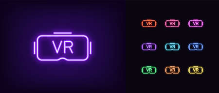 Neon VR glasses icon. Neon VR headset sign, set of isolated symbol for VR technology in vivid colors. Gadget, device of virtual reality. Glowing icon, sign, symbol for UI design. Vector illustrationのイラスト素材