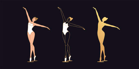 Golden ballerina woman in outline style. Set of gold silhouette, Ballet dancer with flying hands. Ballet posture and posing, dance performance. Vector illustrationのイラスト素材