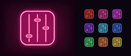 Neon settings panel icon. Glowing neon customization sign, set of isolated control panel in vivid colors. Tuning switches, adjustment toggles. Icon, sign, symbol for UI design. Vector illustrationのイラスト素材