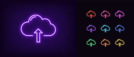 Neon cloudy upload icon. Glowing neon cloud storage sign, set of isolated network server service in vivid colors. Cloud uploading data platform. Icon, sign, symbol for UI design. Vector illustrationのイラスト素材