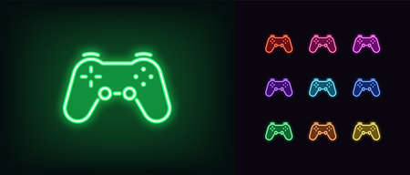 Neon game controller icon. Neon joystick sign, set of wireless gamepad for game console in vivid color. Videogame device, cybersport gadget. Glowing icon, sign, symbol, UI element. Vector illustrationのイラスト素材