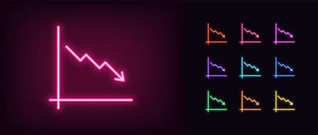 Neon downfall chart icon. Glowing neon drop chart sign, down arrow in vivid colors. Financial forecast, reduce results, falling trend. Bright icon set, sign, symbol for UI design. Vector illustrationのイラスト素材