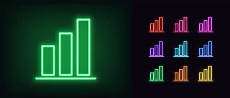 Neon upward graph icon. Glowing neon growth diagram sign, up bar chart in vivid colors. Financial forecast, enhance results, growing trend. Bright icon set, sign, symbol for UI. Vector illustrationのイラスト素材