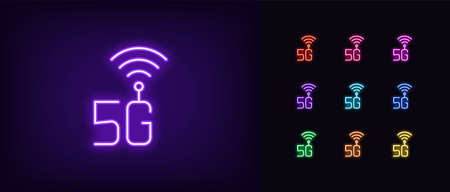 Neon 5G network icon. Glowing neon 5g technology sign, high speed internet in vivid colors. Fast internet of 5 generation, hotspot. Bright icon set, sign, symbol for UI design. Vector illustrationのイラスト素材