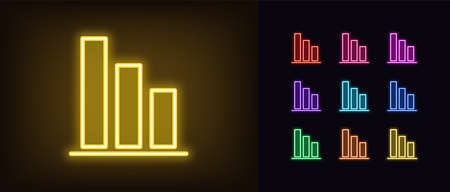 Neon downfall graph icon. Glowing neon drop diagram sign, down bar chart in vivid colors. Financial forecast, reduce results, falling trend. Bright icon set, sign, symbol for UI. Vector illustrationのイラスト素材