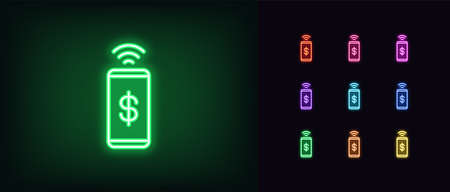 Neon phone payment icon. Glowing neon mobile payment transaction sign, phone money transfer. NFC technology, mobile banking. Bright icon set, sign, symbol for UI design. Vector illustrationのイラスト素材