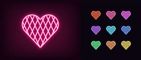 Neon heart icon. Glowing neon heart sign with rhomb texture, amour shape in vivid colors. Romantic silhouette, health care, love passion. Icon set, sign, symbol for UI. Vector illustrationのイラスト素材