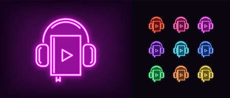 Neon audiobook icon. Glowing neon audio book sign with headphones, online library in vivid colors. Internet bookstore, online education, reading. Icon set, sign, symbol for UI. Vector illustrationのイラスト素材
